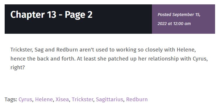 Screenshot of how the character tags appear at the bottom of the comic's news post