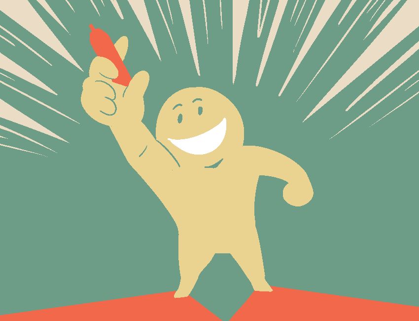 Illustration of a figure dramatically thrusting a pen towards the sky, seen from above