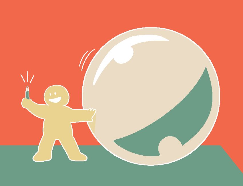 Illustration of a figure holding a pencil in one hand and resting their other hand on an enormous sphere