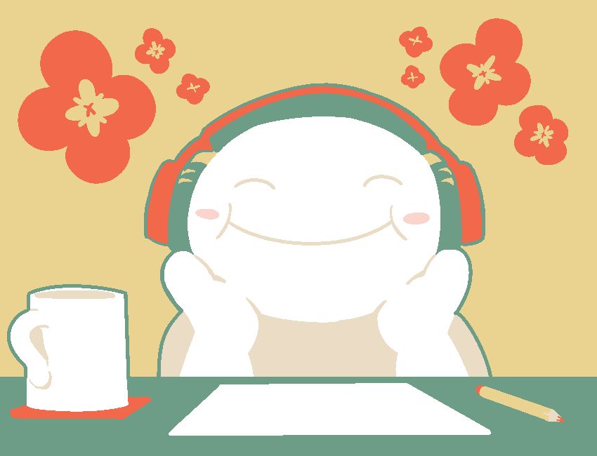 Illustration of a smiling figure wearing headphones while sitting at a desk with a pen, paper and mug