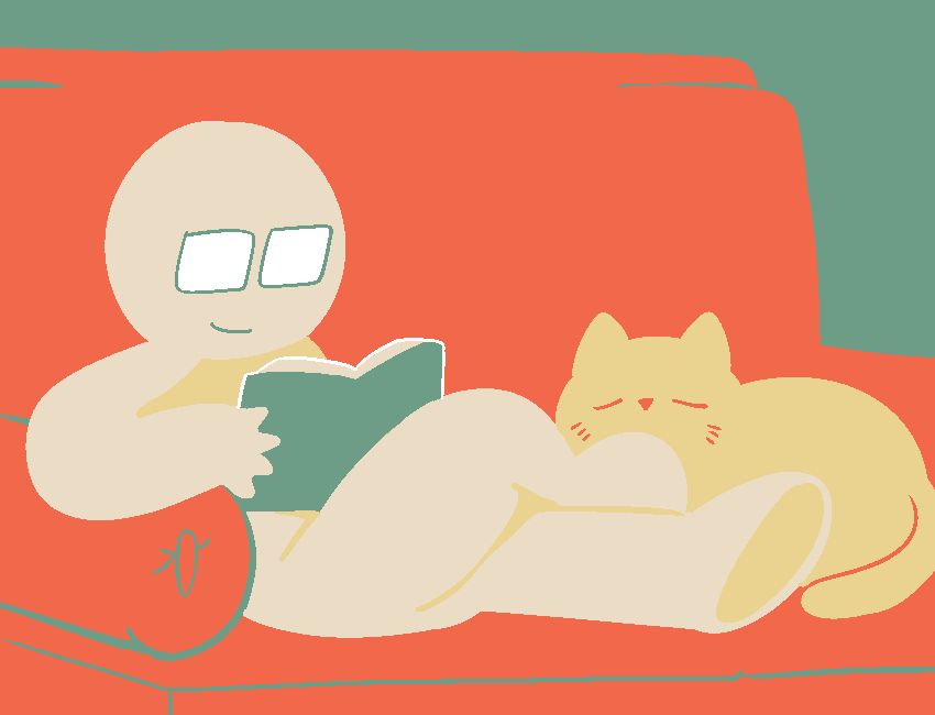Illustration of a glasses-wearing figure reading a book on a couch, with a sleeping cat at their feet