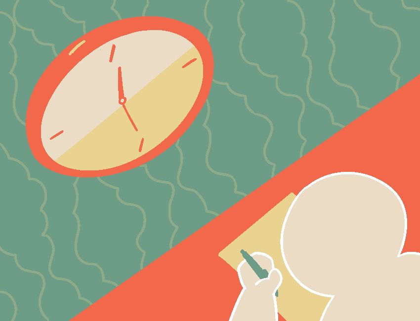 Illustration of a figure writing in pen on a yellow page as a wall clock looms overhead, seen from above