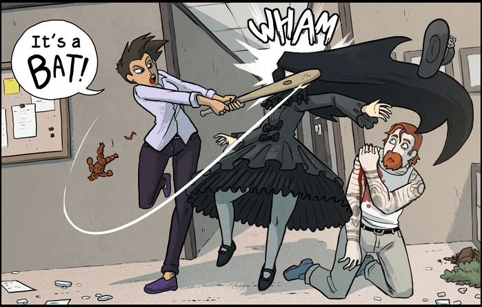 Fall Barros, wearing a lilac blouse and dark trousers, shouts "It's a BAT!" and swings a baseball bat into the face of a long-haired woman wearing a black frilly gothic-lolita outfit. Immediately adjacent to her, a kneeling tattooed red-haired man, clutching a shoulder wound, looks on in some surprise.