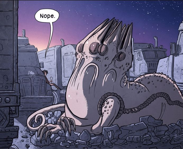 A hideous basilisk creature, its head made of six featherless chicken heads, sleeps on a nest of broken stone in a park of petrified vehicles. A figure in the background, observing it with a mirror, says "Nope."