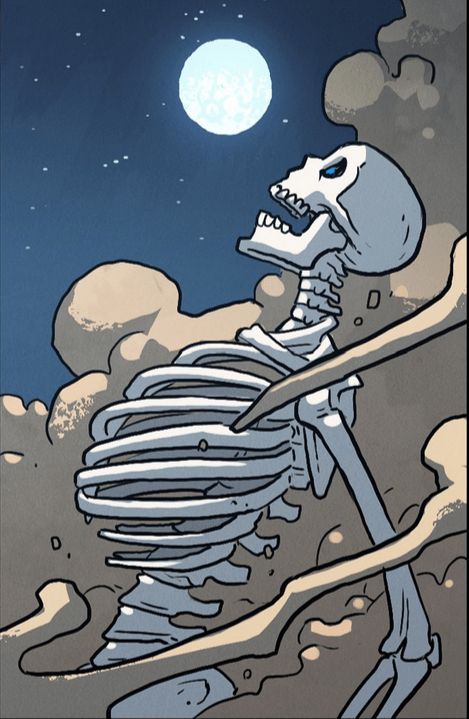 A giant human skeleton rises from clouds of dust beneath a full moon, blue light shining in its eyes.