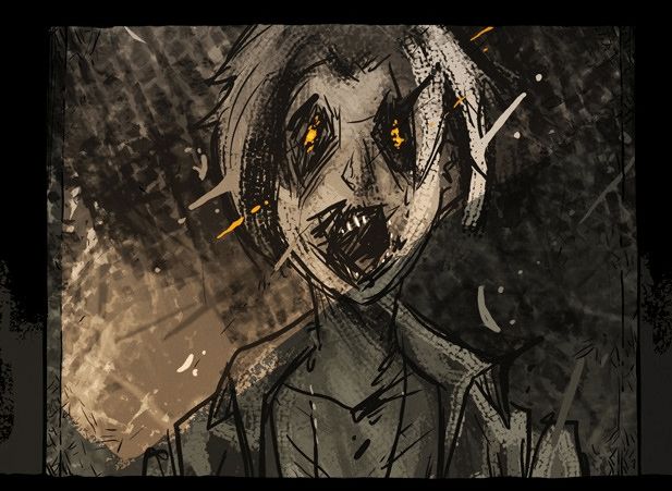 A hideous sepia-toned drawing of a human face with golden pupils set in gaping eyes, some of its teeth visible through a disintegrating scream, the whole picture denaturing as though it's melting or being frantically crossed out.